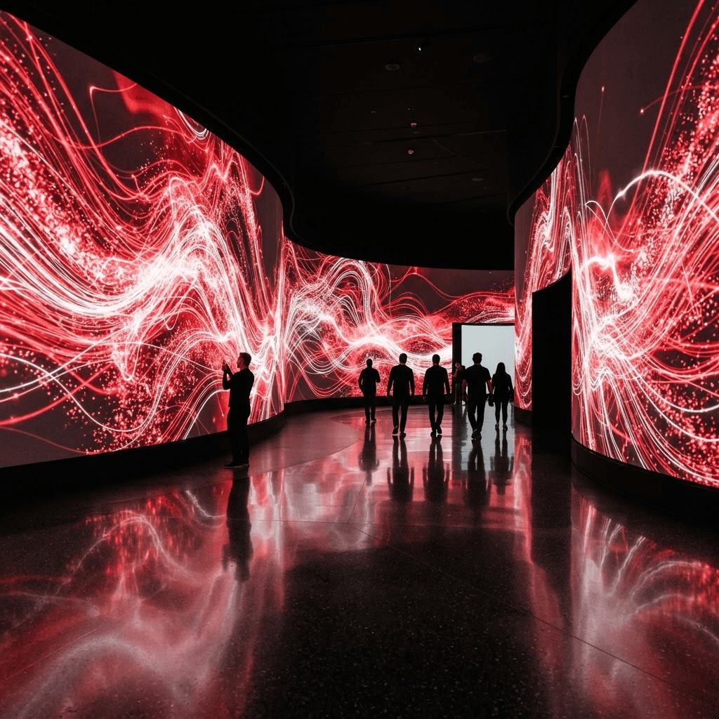 Immersive museum installation with flowing red light on curved walls